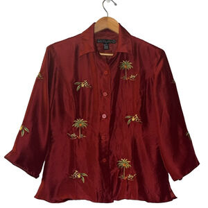 SILKLAND Maroon 100% Silk Blazer Women’s Size 10 Embroidered Tropical Monkey
